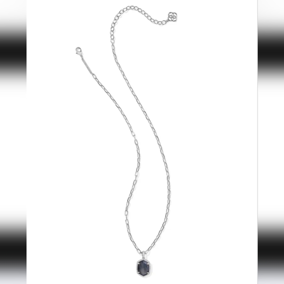 Kendra Scott Daphne Silver Pave Frame Short Pendant Necklace in Navy Tiger's Eye - Picture 2 of 7